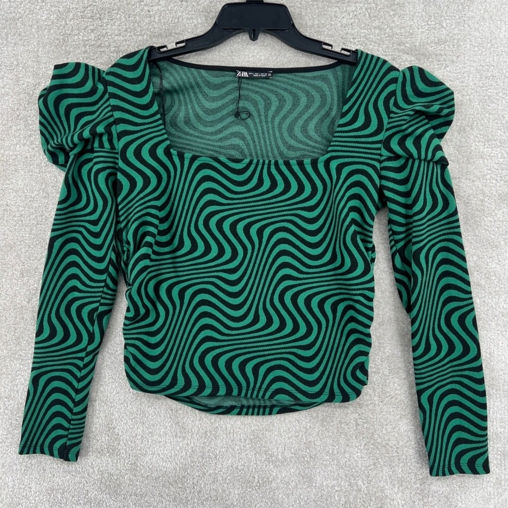 Zara Retro 70s Mod Puff Sleeve‎ Knit Top Size L Green Black Square Neck Ruched